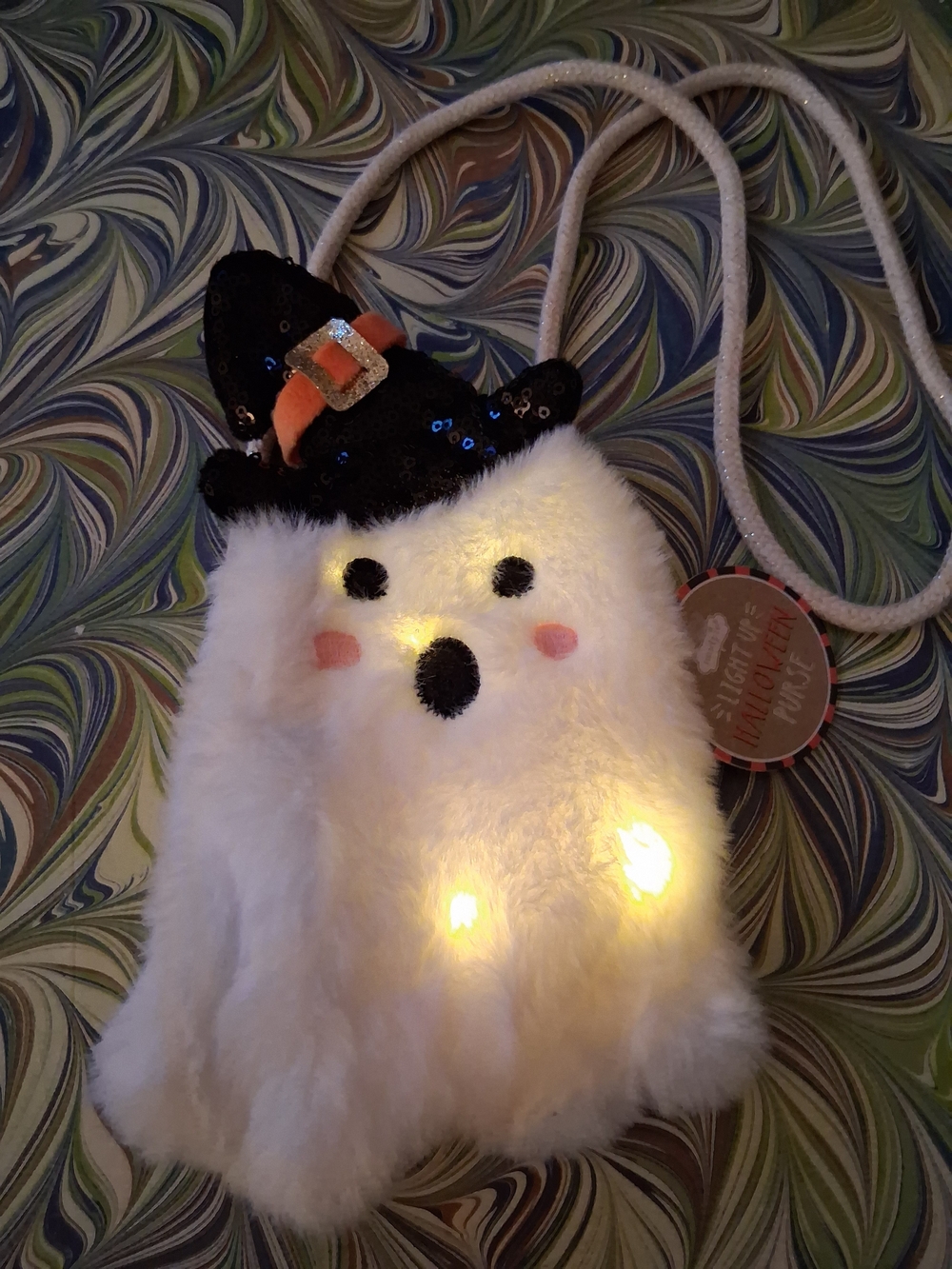 Mud Pie White Light-Up Plush Ghost Crossbody Bag with Black Sequin Witch Hat